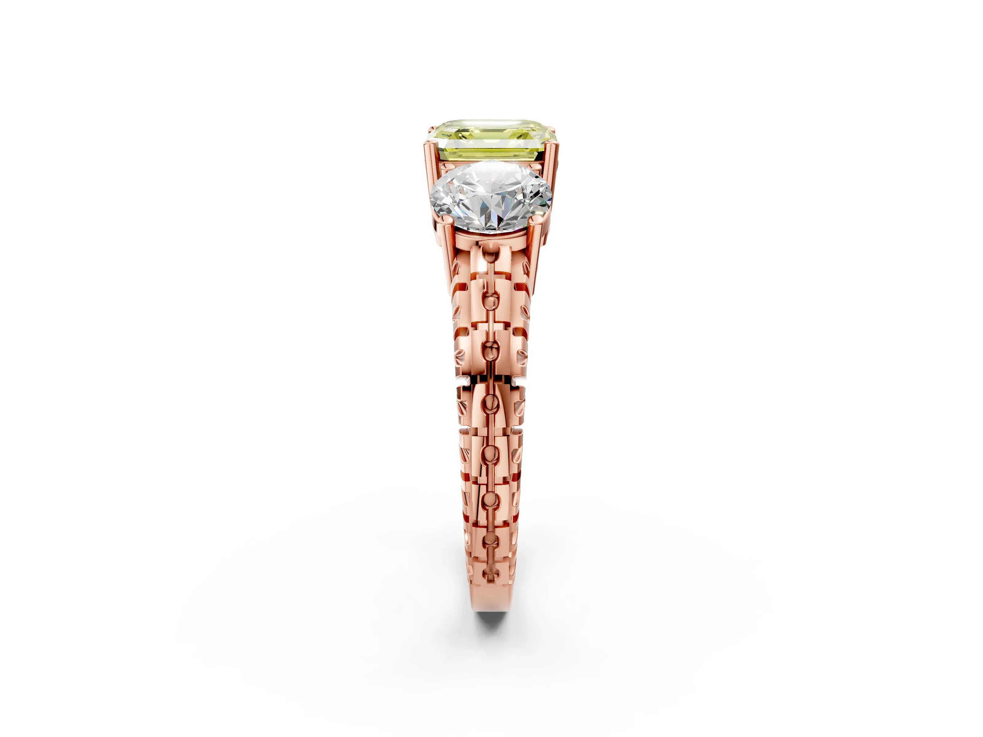 Rose gold Three-Stone Fancy Yellow Asscher Cut Cut Diamond Ring with Channel-Set Band and Prong Setting_2