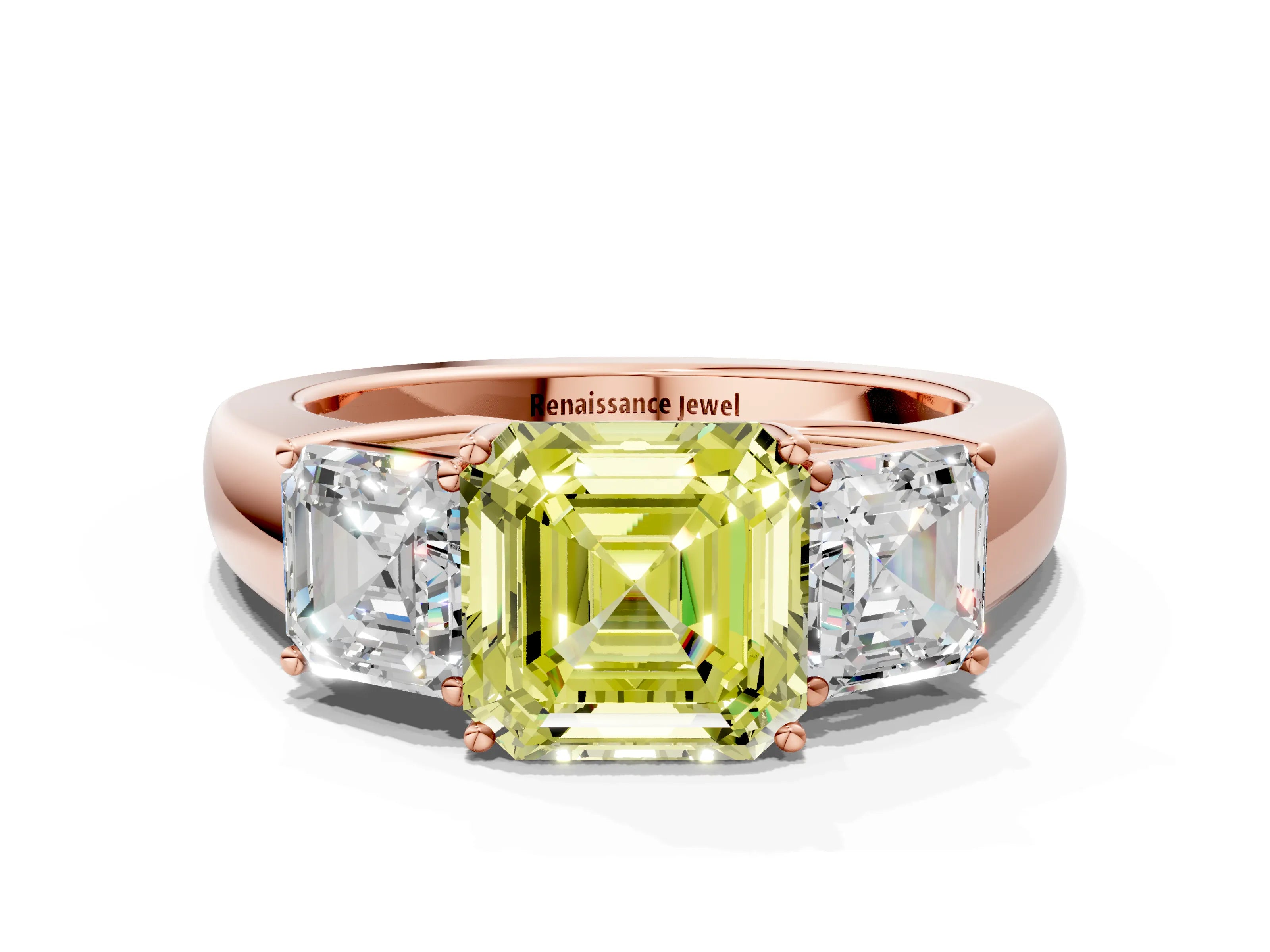 Rose gold Three-Stone Fancy Yellow Asscher Cut Cut Diamond Ring with Prong Setting and Classic Band