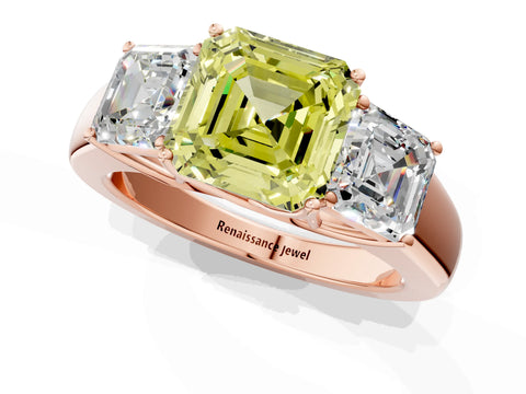 Rose gold Three-Stone Fancy Yellow Asscher Cut Cut Diamond Ring with Prong Setting and Classic Band_1