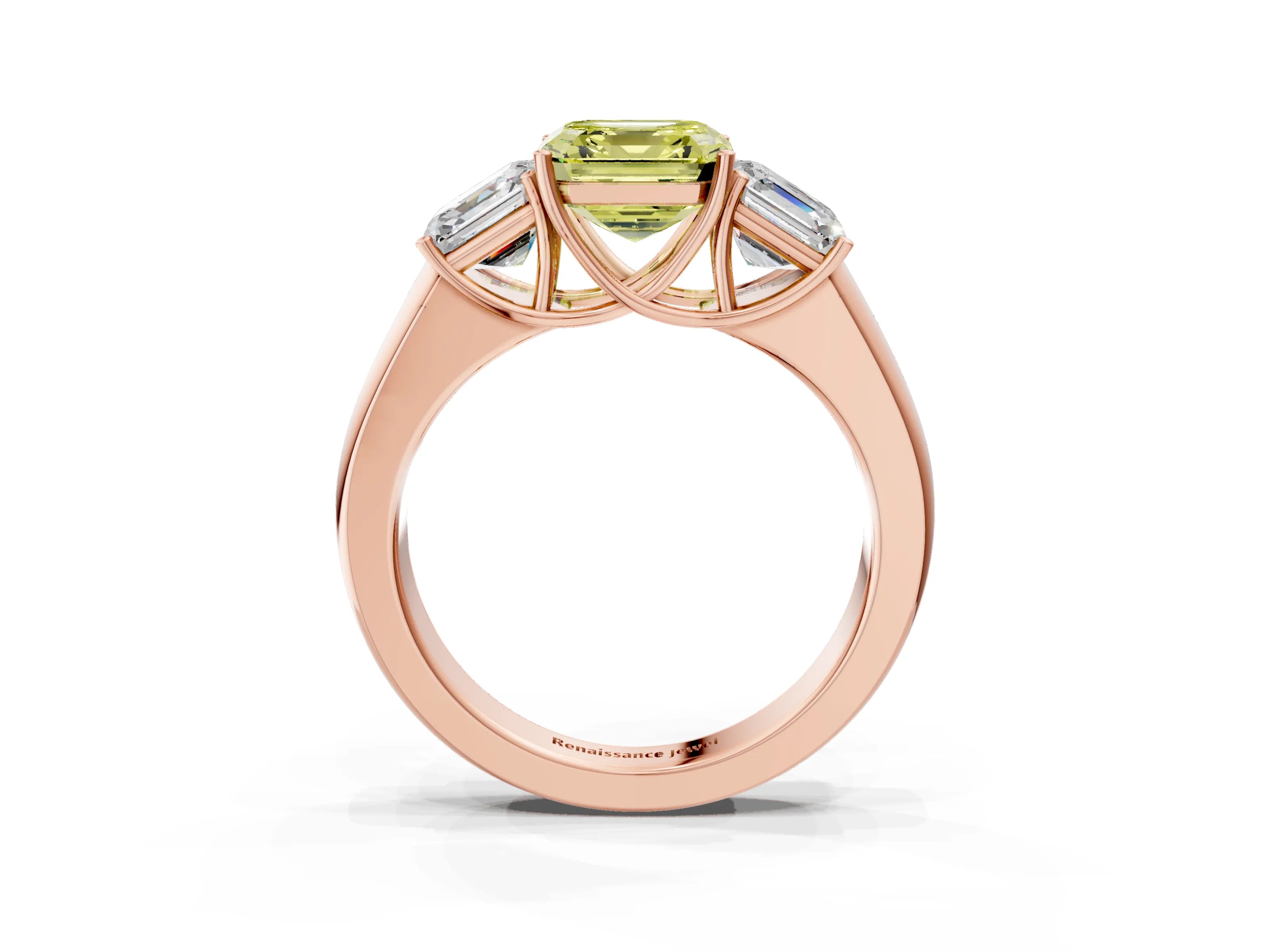 Rose gold Three-Stone Fancy Yellow Asscher Cut Cut Diamond Ring with Prong Setting and Classic Band_3