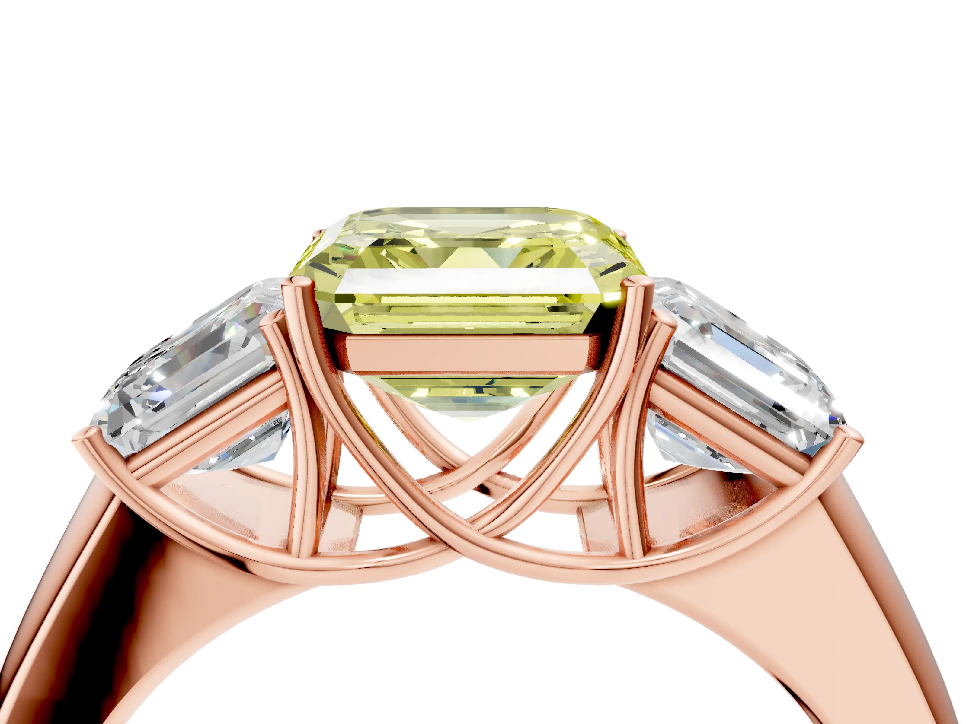 Rose gold Three-Stone Fancy Yellow Asscher Cut Cut Diamond Ring with Prong Setting and Classic Band_4