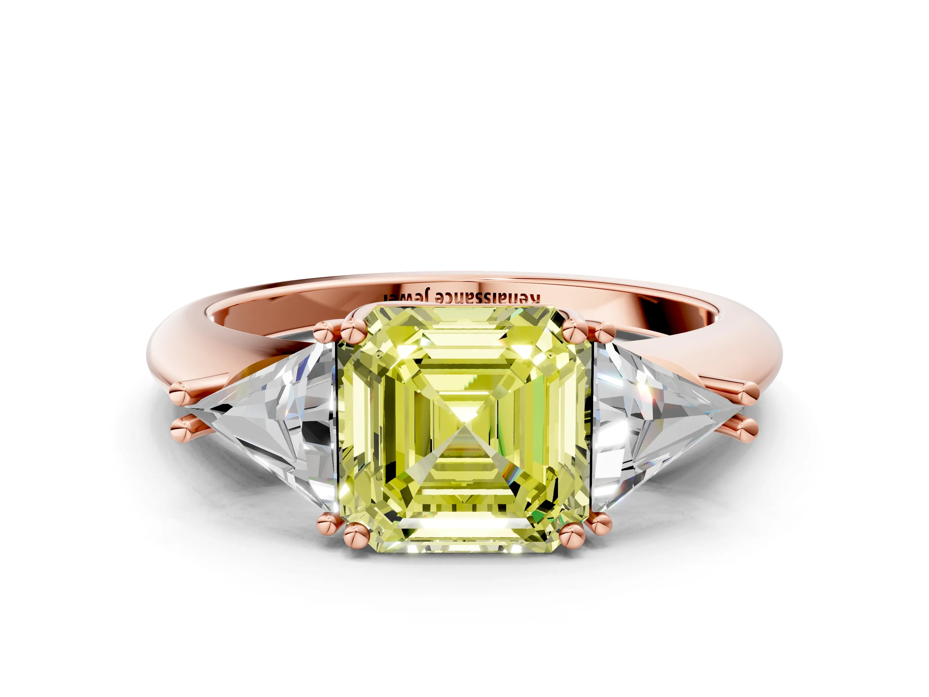 Rose gold Three-Stone Fancy Yellow Asscher Cut Cut Diamond Ring with Trillion Side Stones and Four-Prong Setting_3