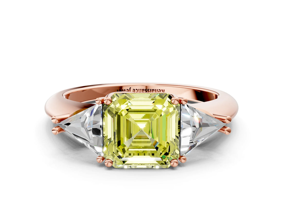 Rose gold Three-Stone Fancy Yellow Asscher Cut Cut Diamond Ring with Trillion Side Stones and Four-Prong Setting_3