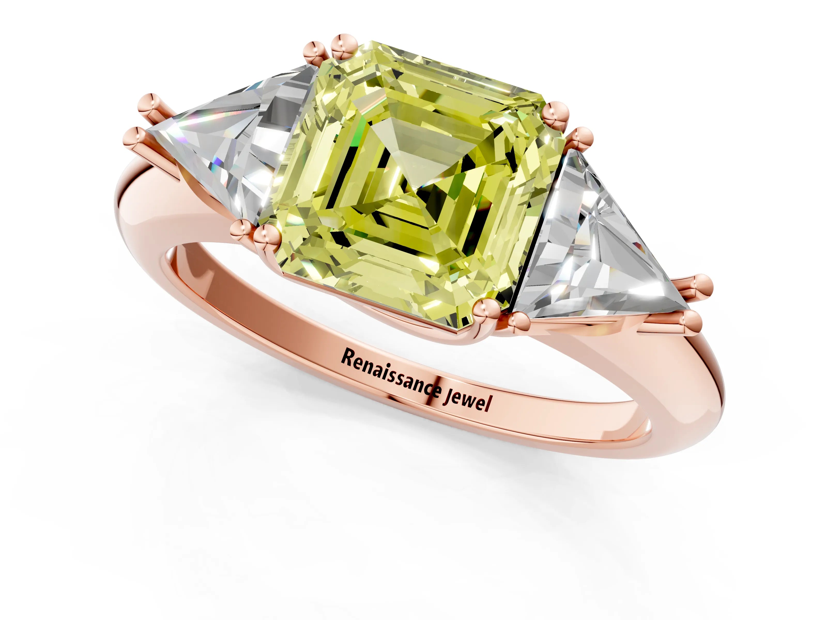 Rose gold Three-Stone Fancy Yellow Asscher Cut Cut Diamond Ring with Trillion Side Stones and Four-Prong Setting_4
