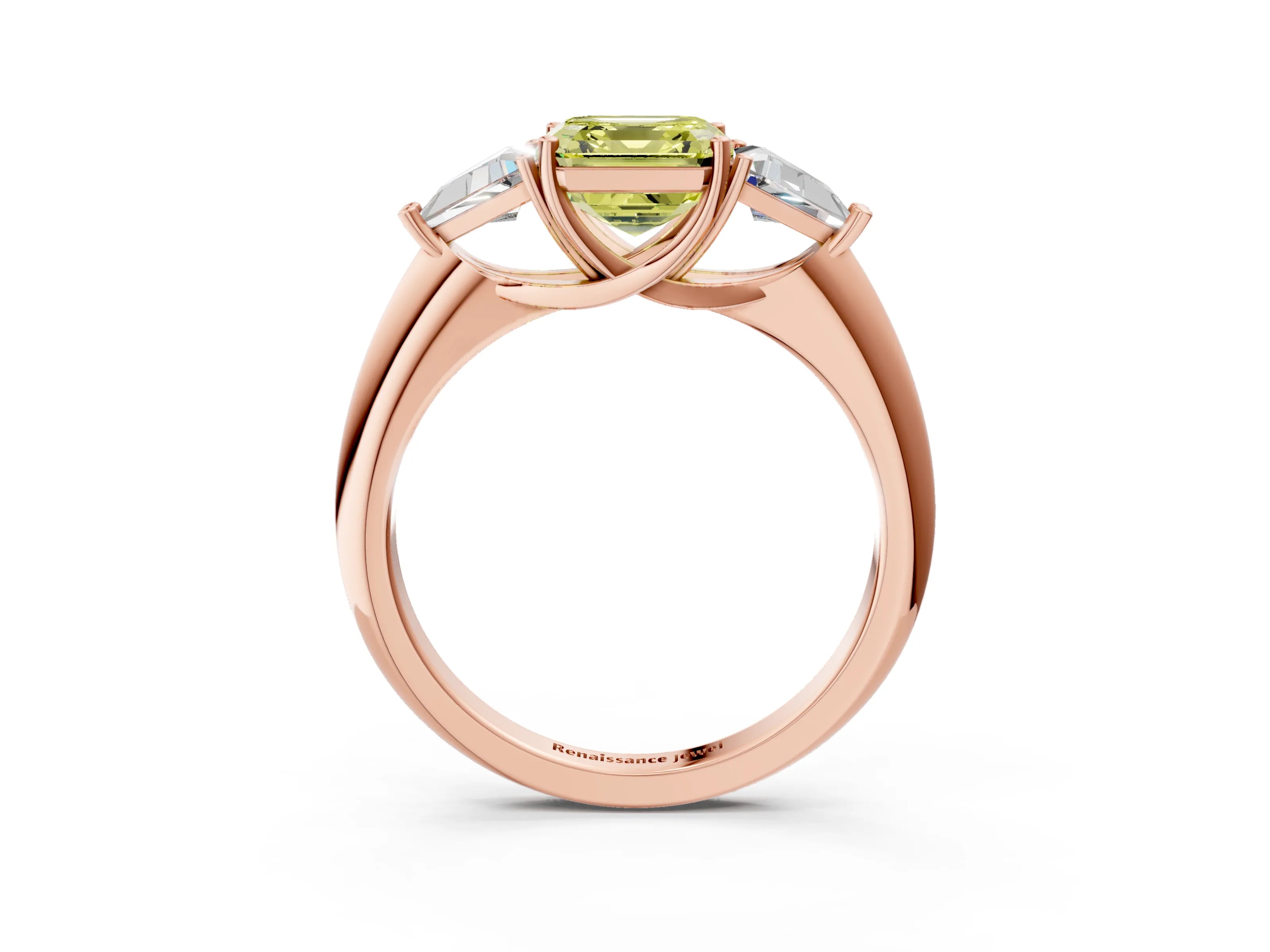 Rose gold Three-Stone Fancy Yellow Asscher Cut Cut Diamond Ring with Trillion Side Stones and Four-Prong Setting_6