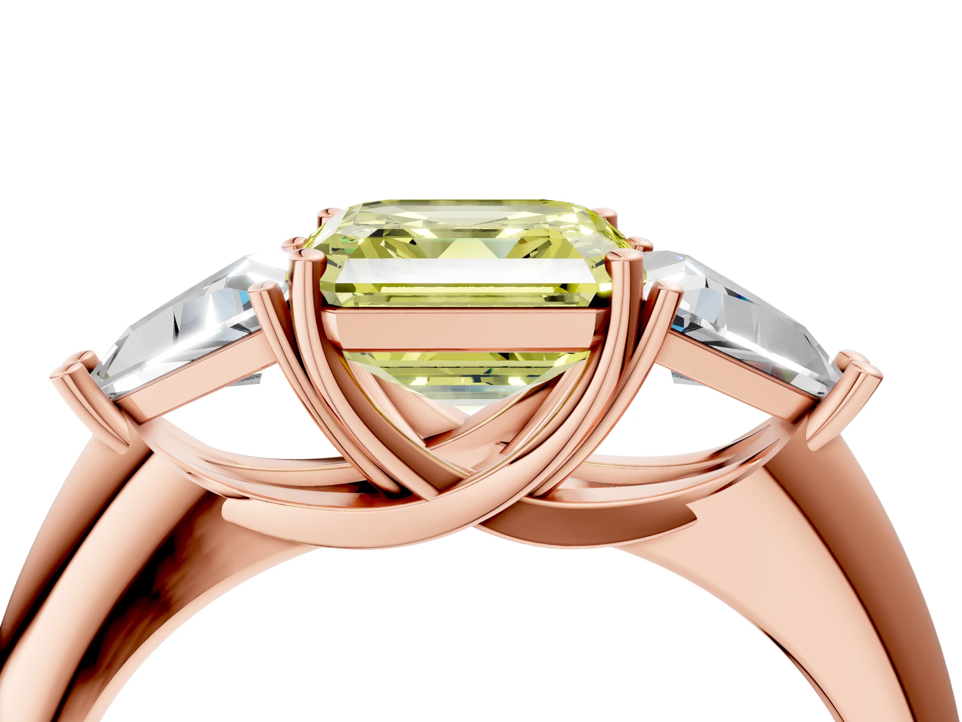 Rose gold Three-Stone Fancy Yellow Asscher Cut Cut Diamond Ring with Trillion Side Stones and Four-Prong Setting_7
