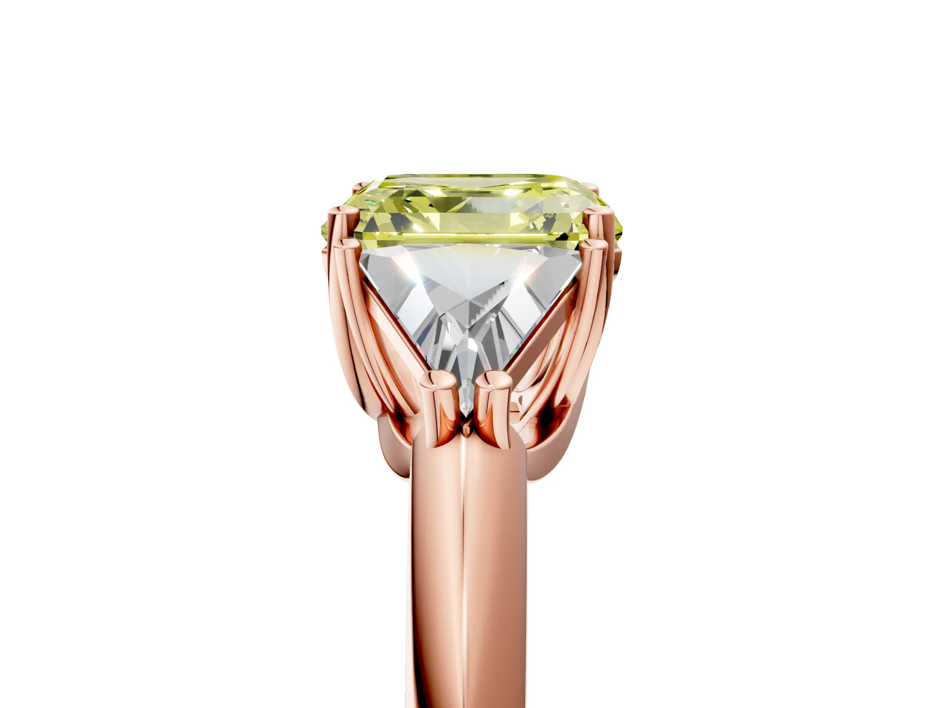 Rose gold Three-Stone Fancy Yellow Asscher Cut Cut Diamond Ring with Trillion Side Stones and Four-Prong Setting_8