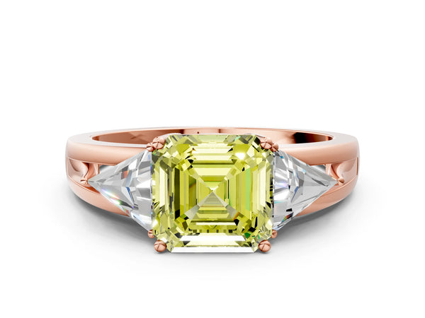 Rose Gold Asscher Cut Split Shank Three Stone Engagement Ring Setting for Fancy Yellow Center