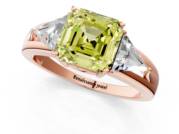 Rose Gold Asscher Cut Split Shank Three Stone Engagement Ring Setting for Fancy Yellow Center