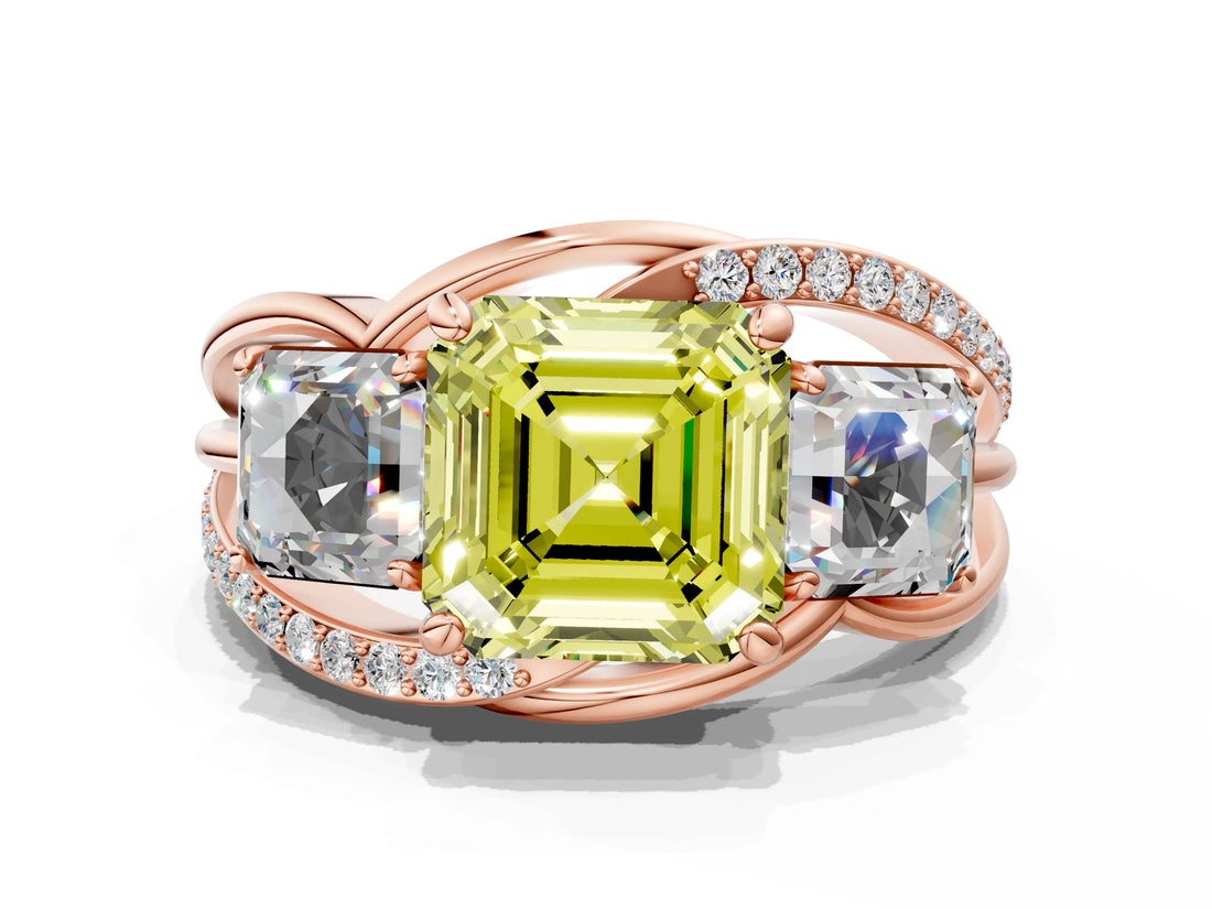 Rose gold Three-Stone Fancy Yellow Asscher Cut Cut Diamond Split Shank Prong Set Ring