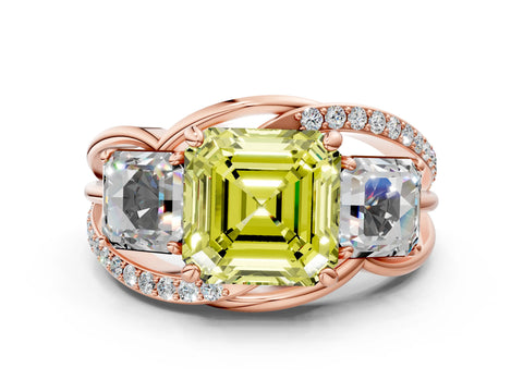 Rose gold Three-Stone Fancy Yellow Asscher Cut Cut Diamond Split Shank Prong Set Ring_12