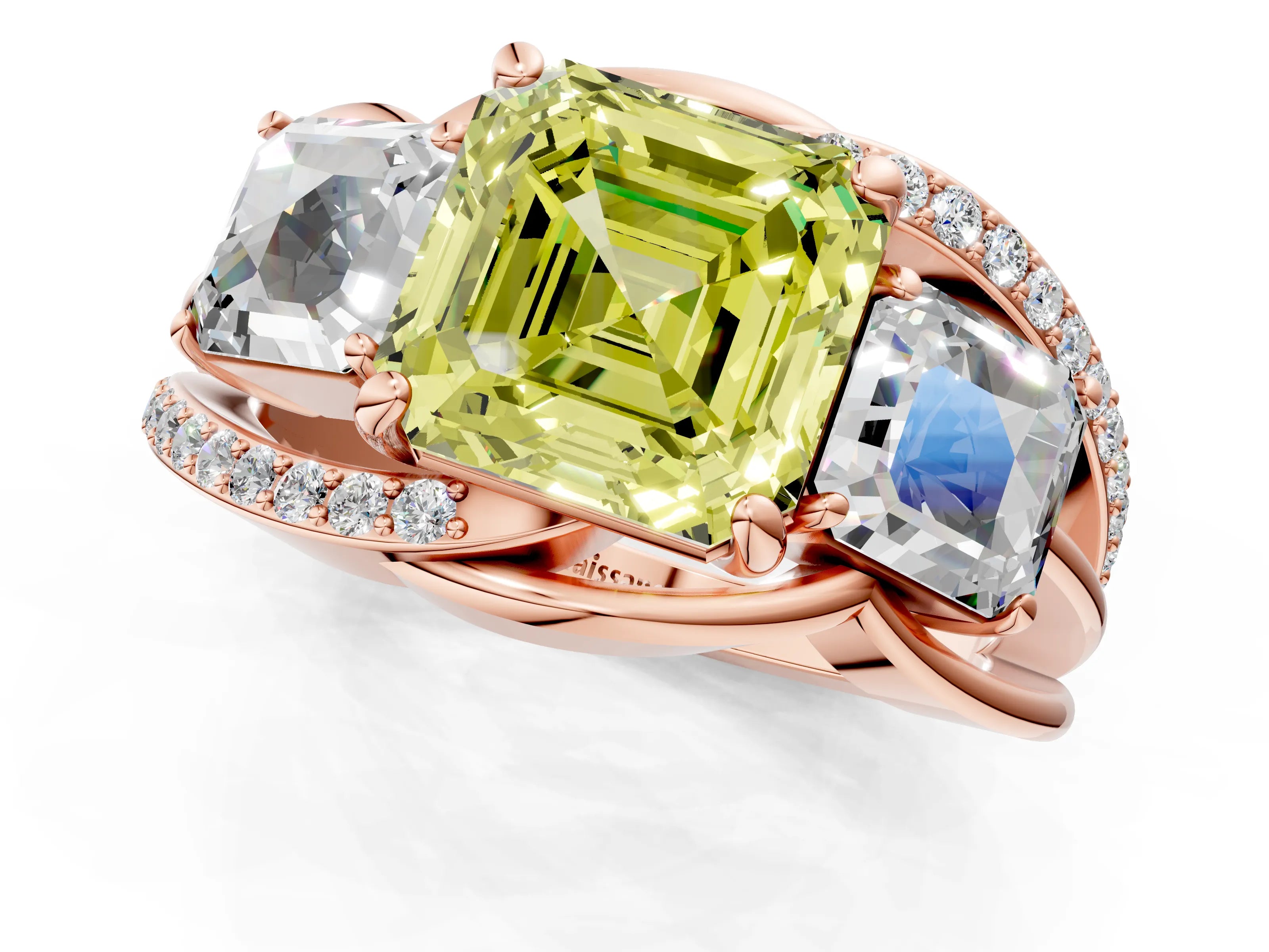 Rose gold Three-Stone Fancy Yellow Asscher Cut Cut Diamond Split Shank Prong Set Ring_13