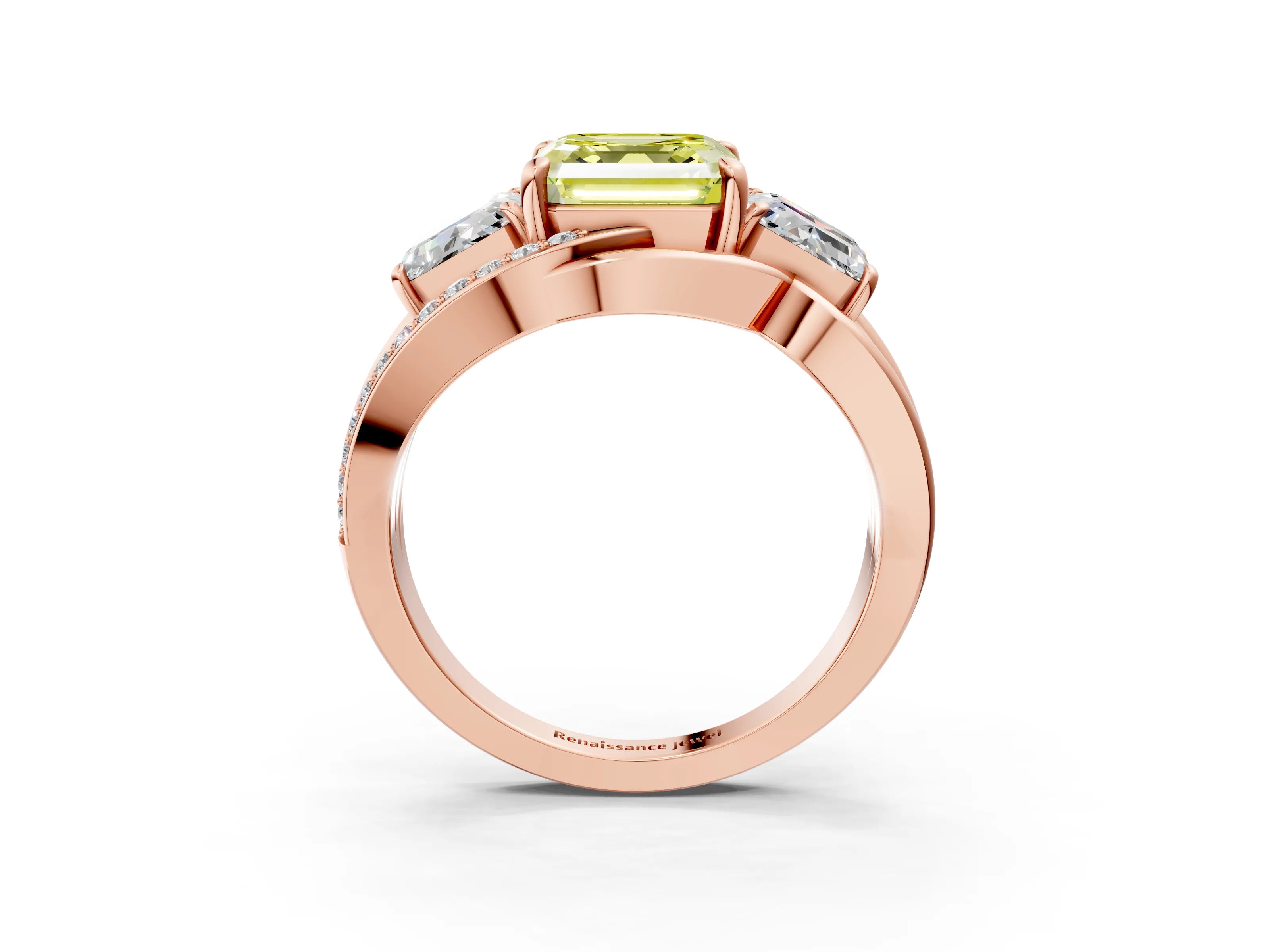 Rose gold Three-Stone Fancy Yellow Asscher Cut Cut Diamond Split Shank Prong Set Ring_15