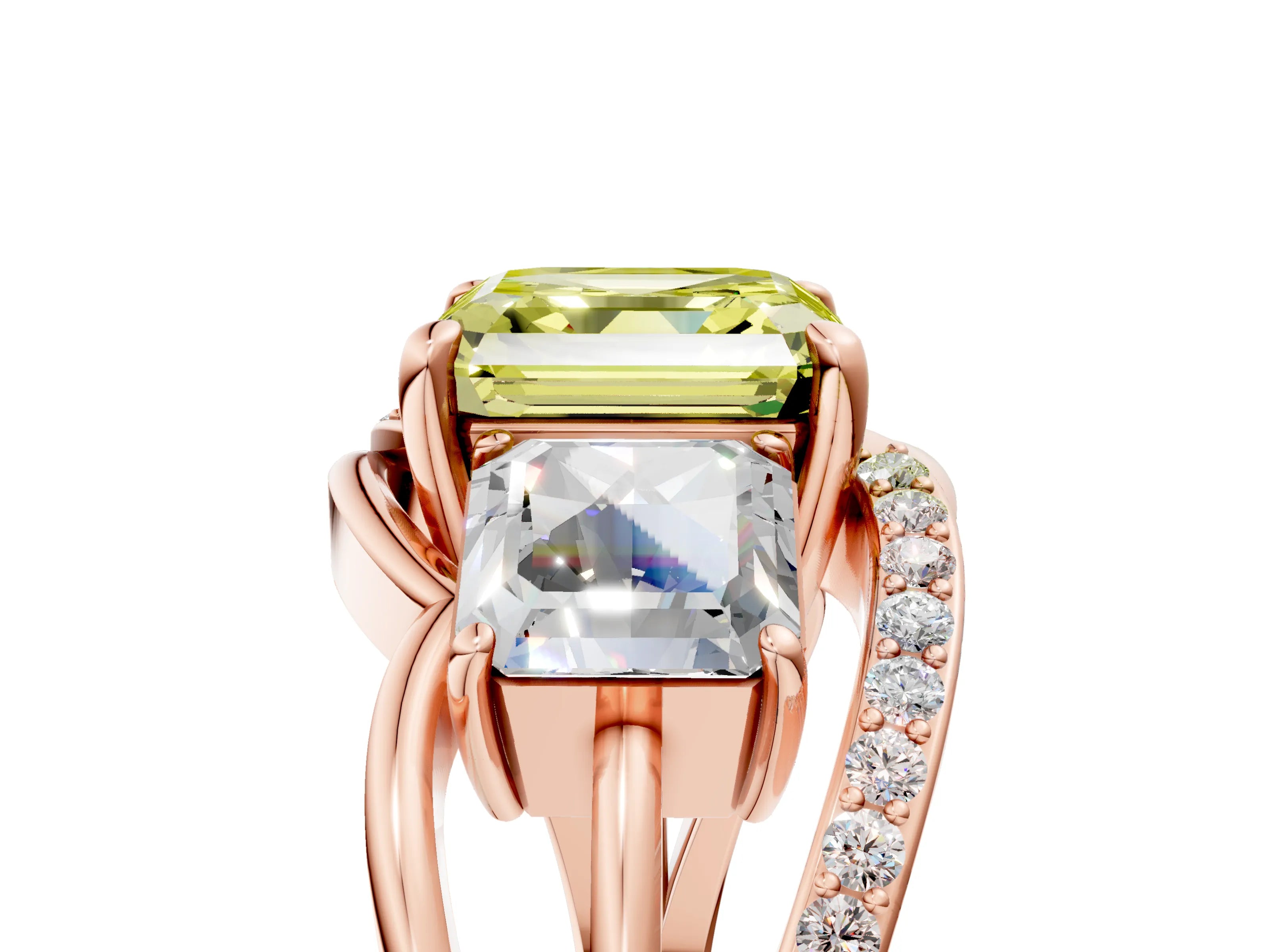 Rose gold Three-Stone Fancy Yellow Asscher Cut Cut Diamond Split Shank Prong Set Ring_17