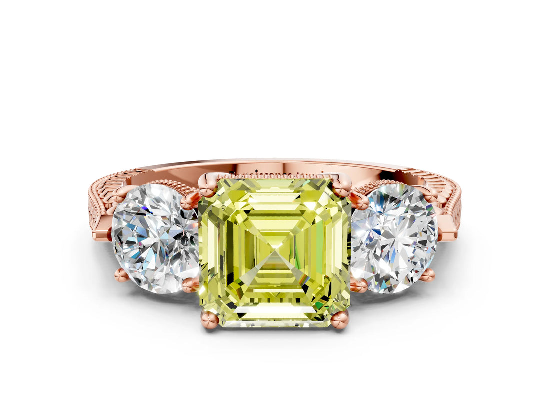Rose gold Three-Stone Fancy Yellow Asscher Cut Cut Milgrain Band Prong Setting Ring_6