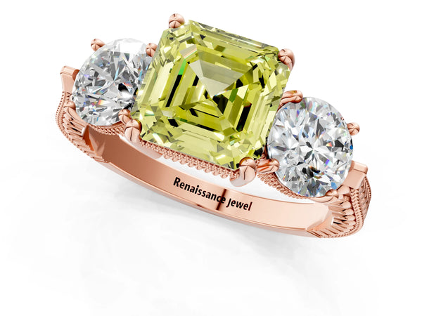 Rose Gold Asscher Cut Vintage Three Stone Engagement Ring Setting for Fancy Yellow Center