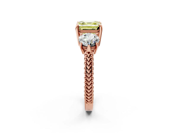 Rose Gold Asscher Cut Vintage Three Stone Engagement Ring Setting for Fancy Yellow Center