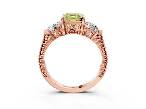 Rose Gold Asscher Cut Vintage Three Stone Engagement Ring Setting for Fancy Yellow Center