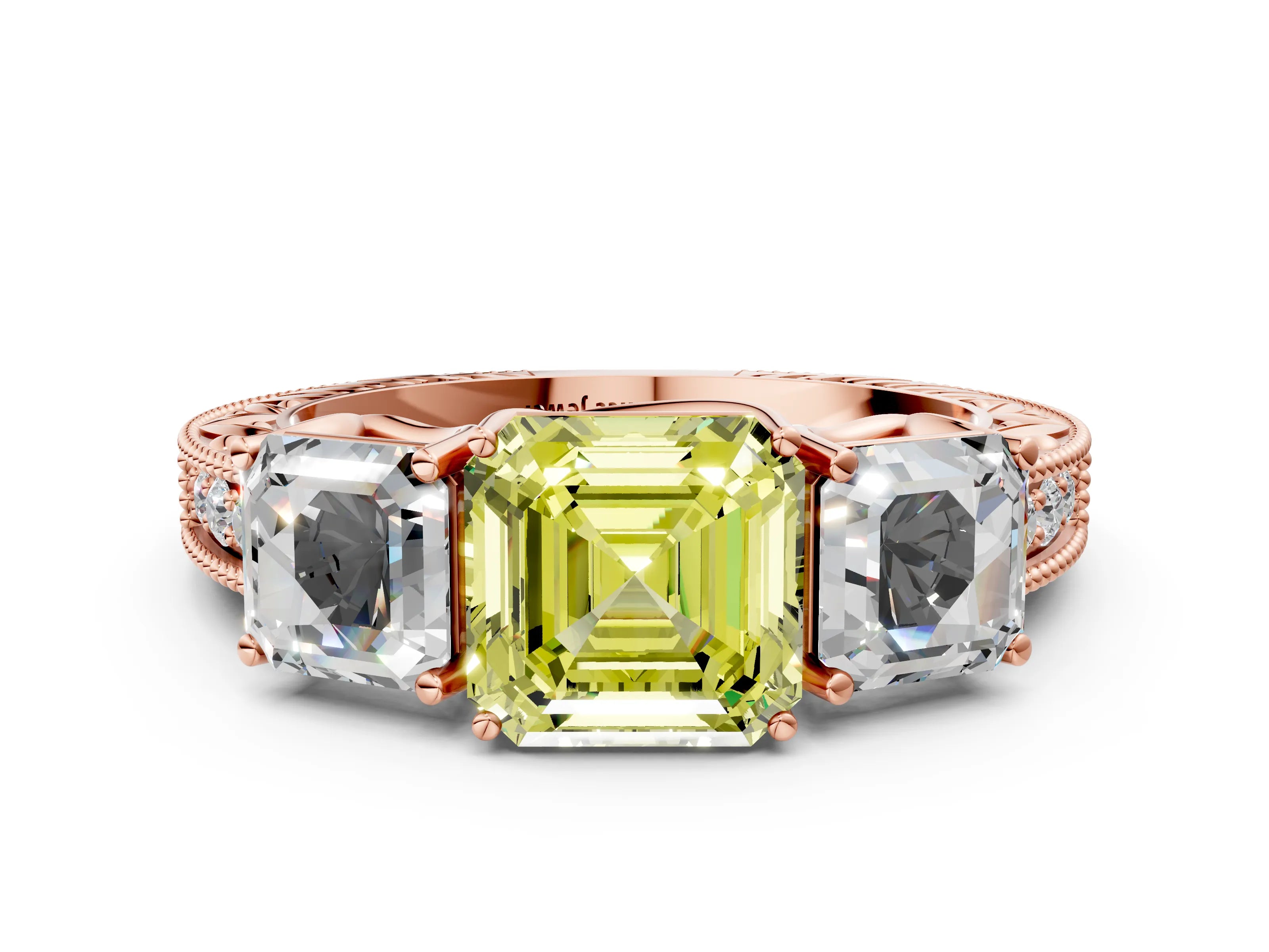 Rose gold Three-Stone Fancy Yellow Asscher Cut Cut Milgrain Pavé Engagement Ring