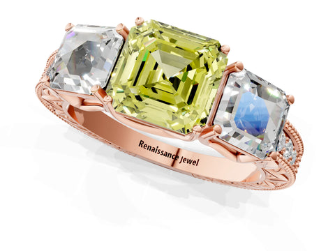 Rose gold Three-Stone Fancy Yellow Asscher Cut Cut Milgrain Pavé Engagement Ring_13