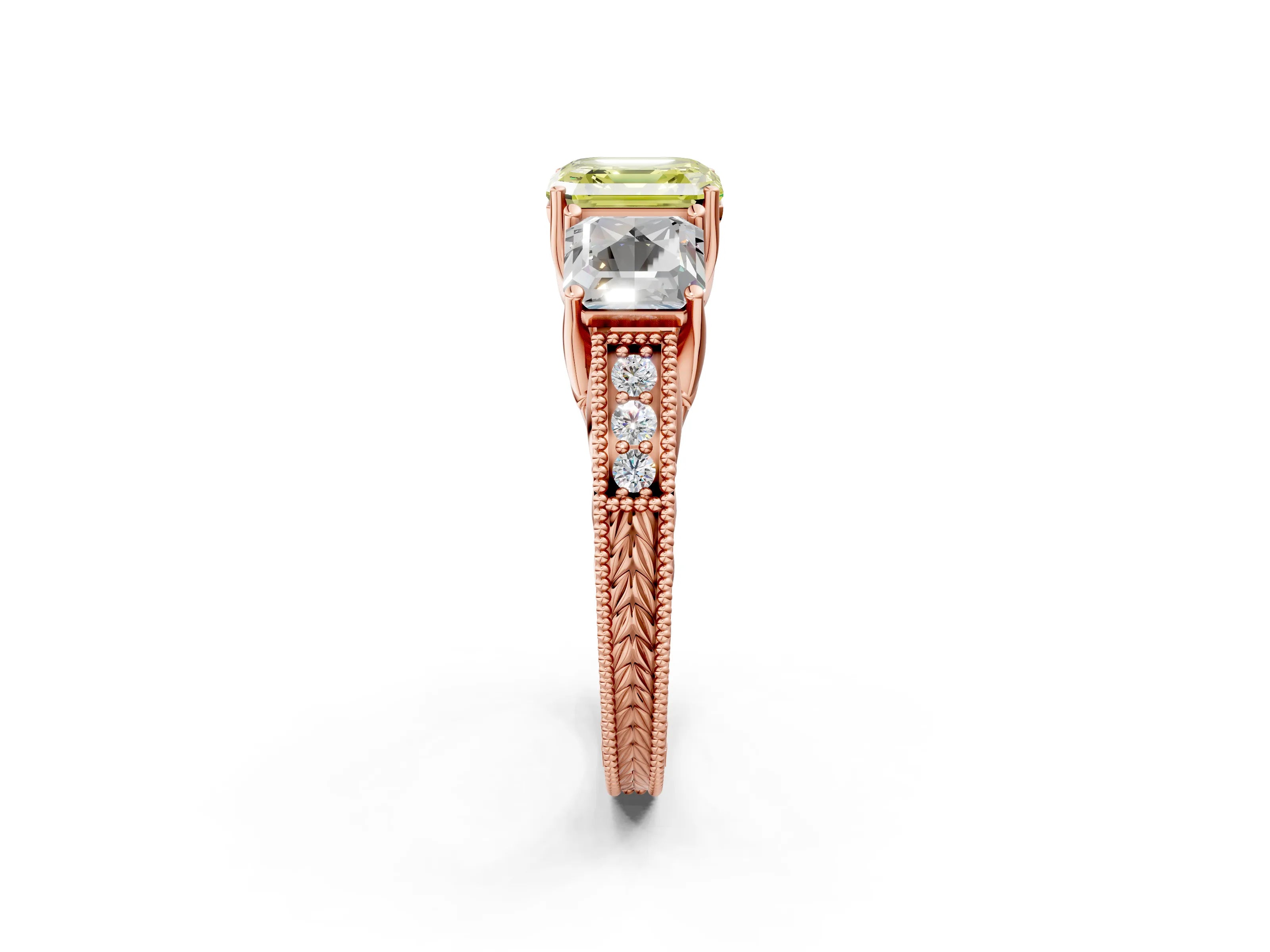 Rose gold Three-Stone Fancy Yellow Asscher Cut Cut Milgrain Pavé Engagement Ring_14