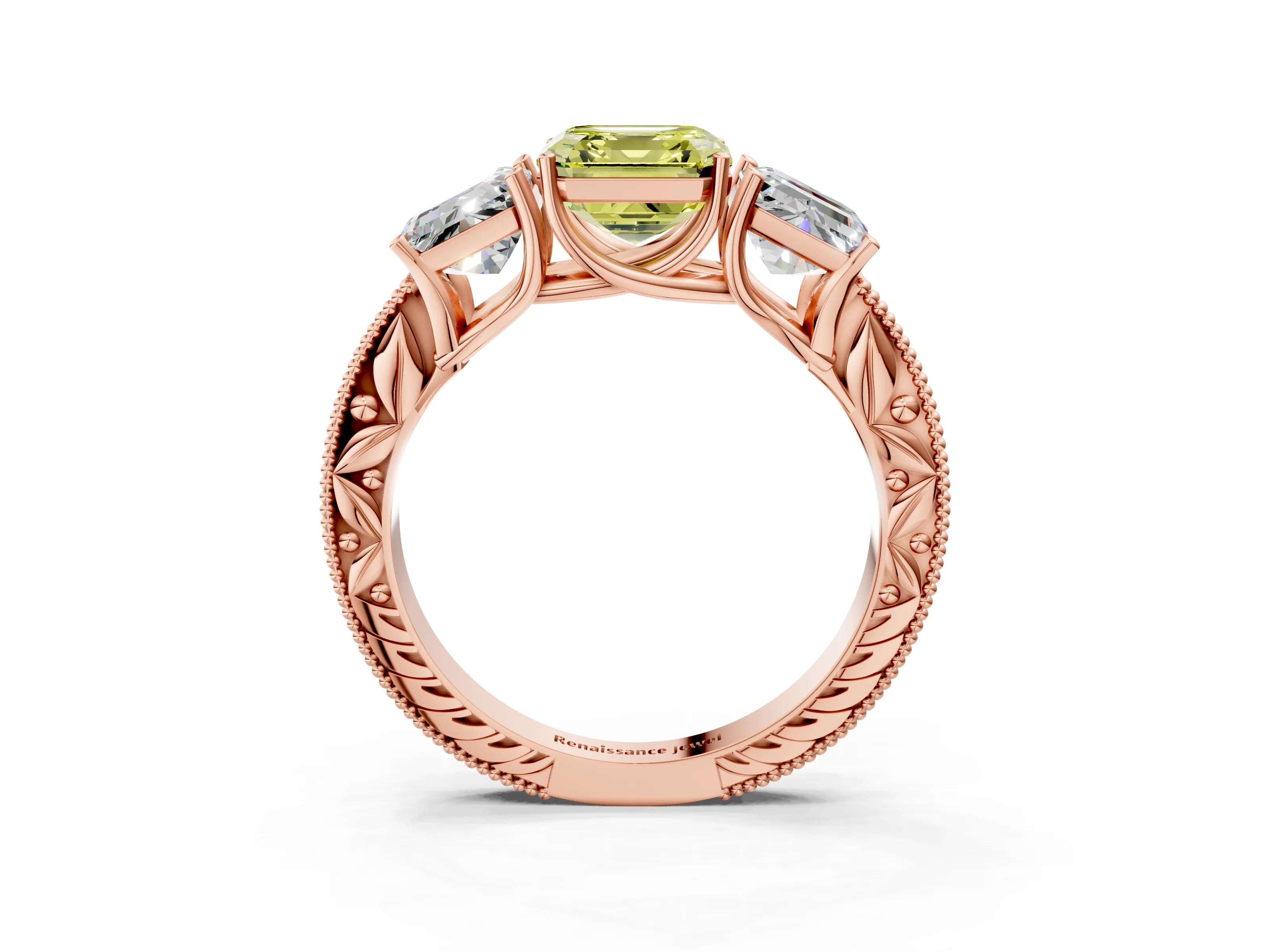 Rose gold Three-Stone Fancy Yellow Asscher Cut Cut Milgrain Pavé Engagement Ring_15