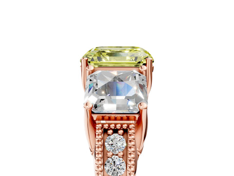 Rose gold Three-Stone Fancy Yellow Asscher Cut Cut Milgrain Pavé Engagement Ring_17