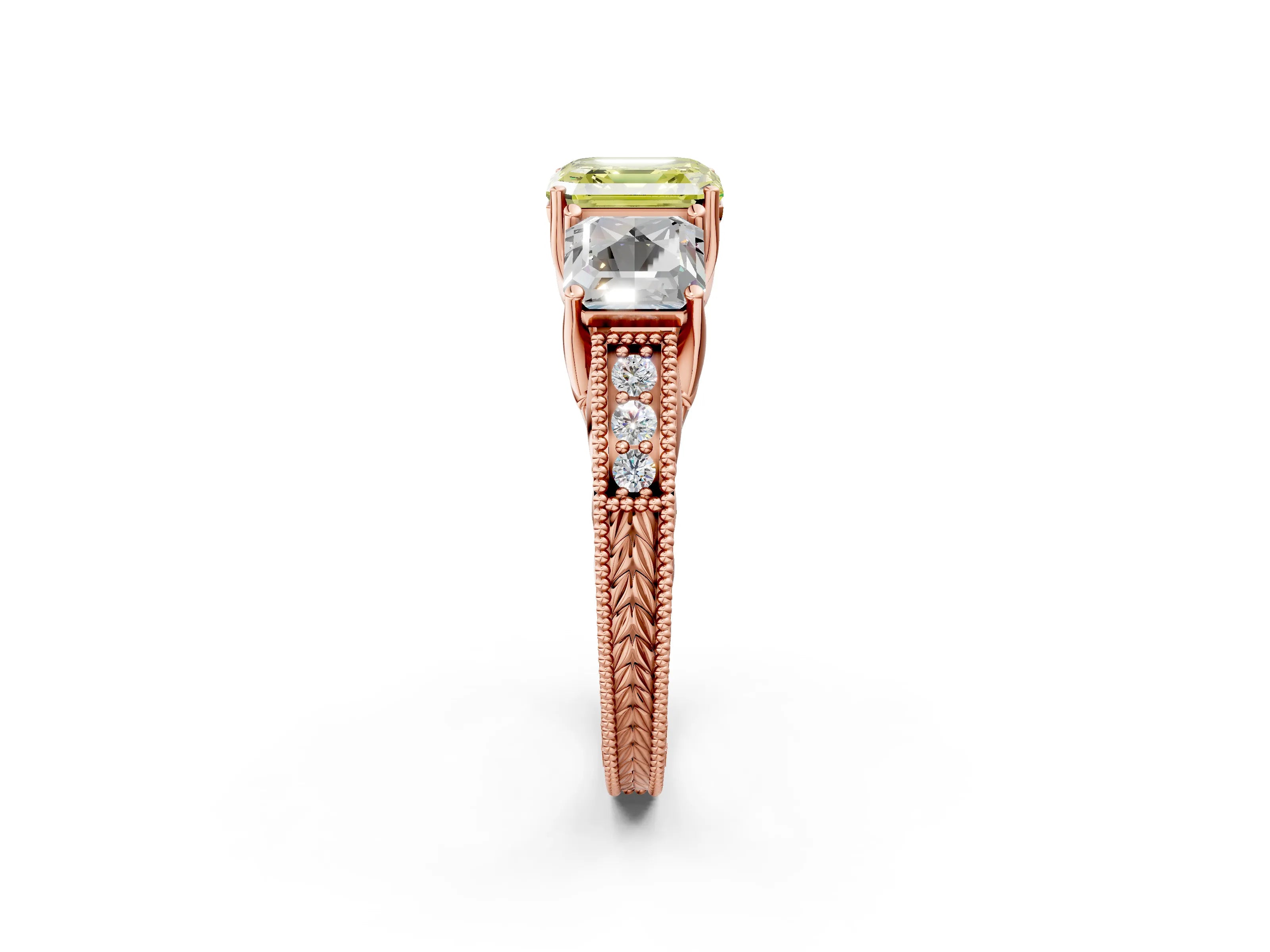 Rose gold Three-Stone Fancy Yellow Asscher Cut Cut Milgrain Pavé Engagement Ring_2