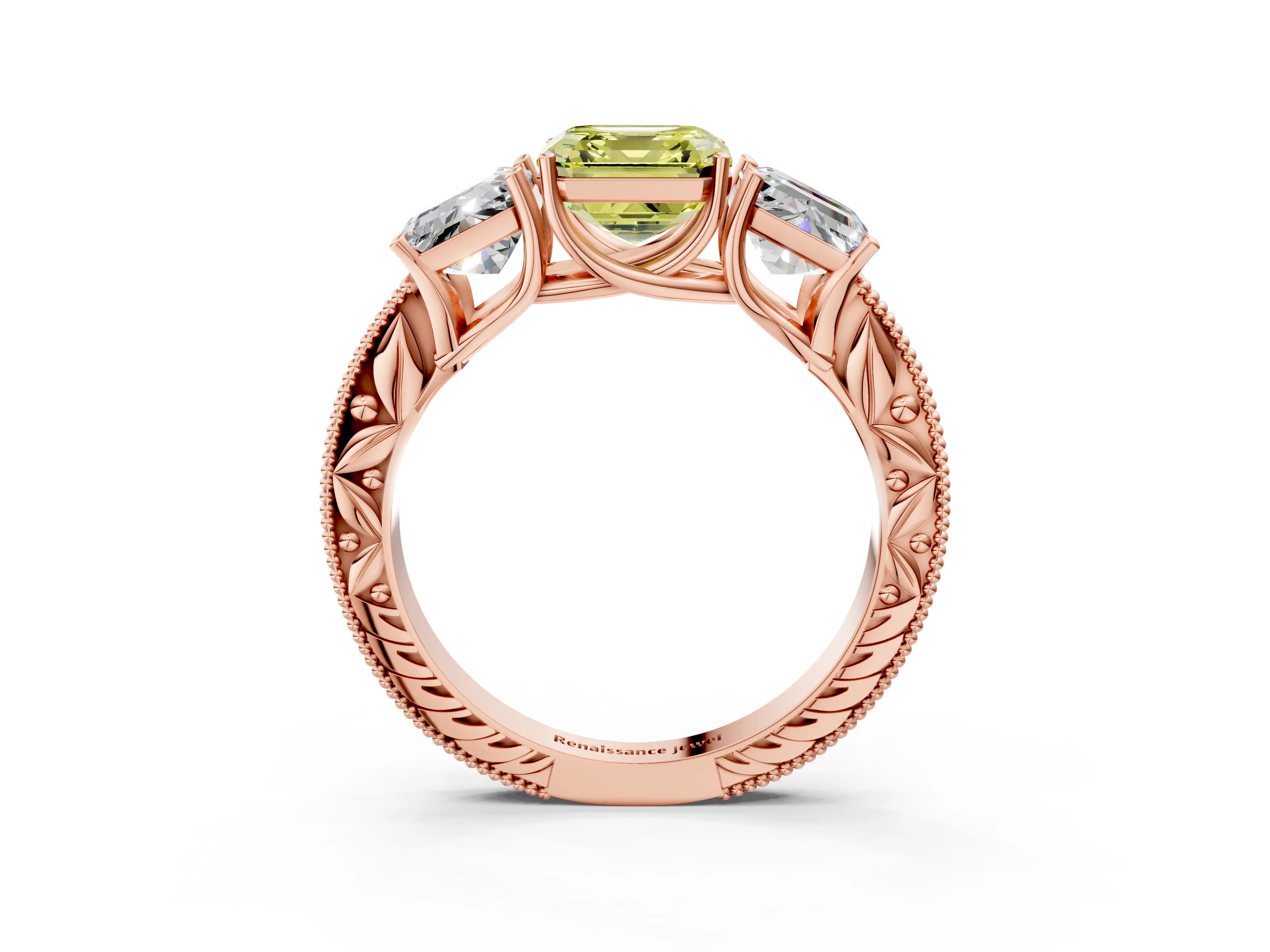Rose gold Three-Stone Fancy Yellow Asscher Cut Cut Milgrain Pavé Engagement Ring_3