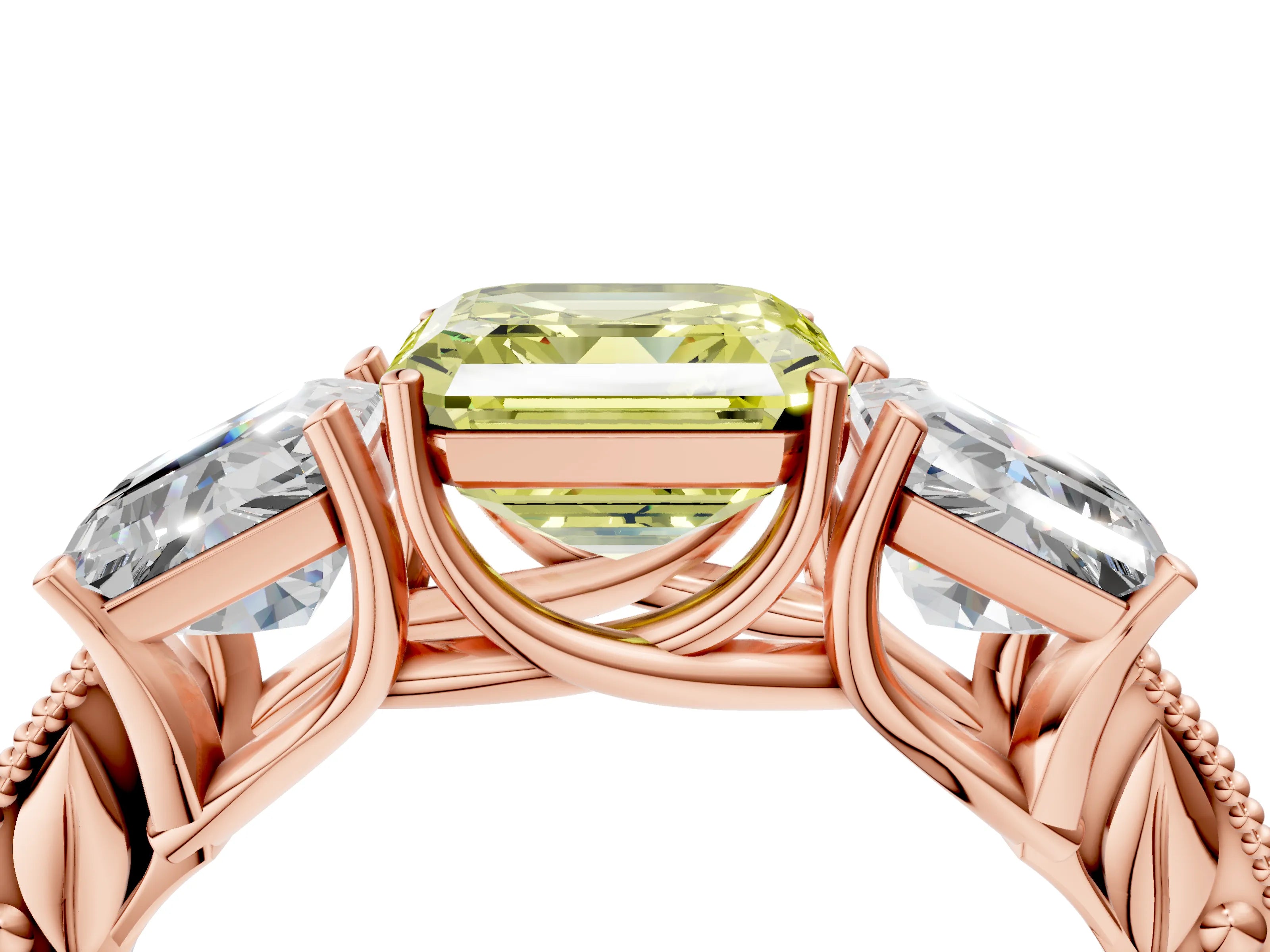 Rose gold Three-Stone Fancy Yellow Asscher Cut Cut Milgrain Pavé Engagement Ring_4