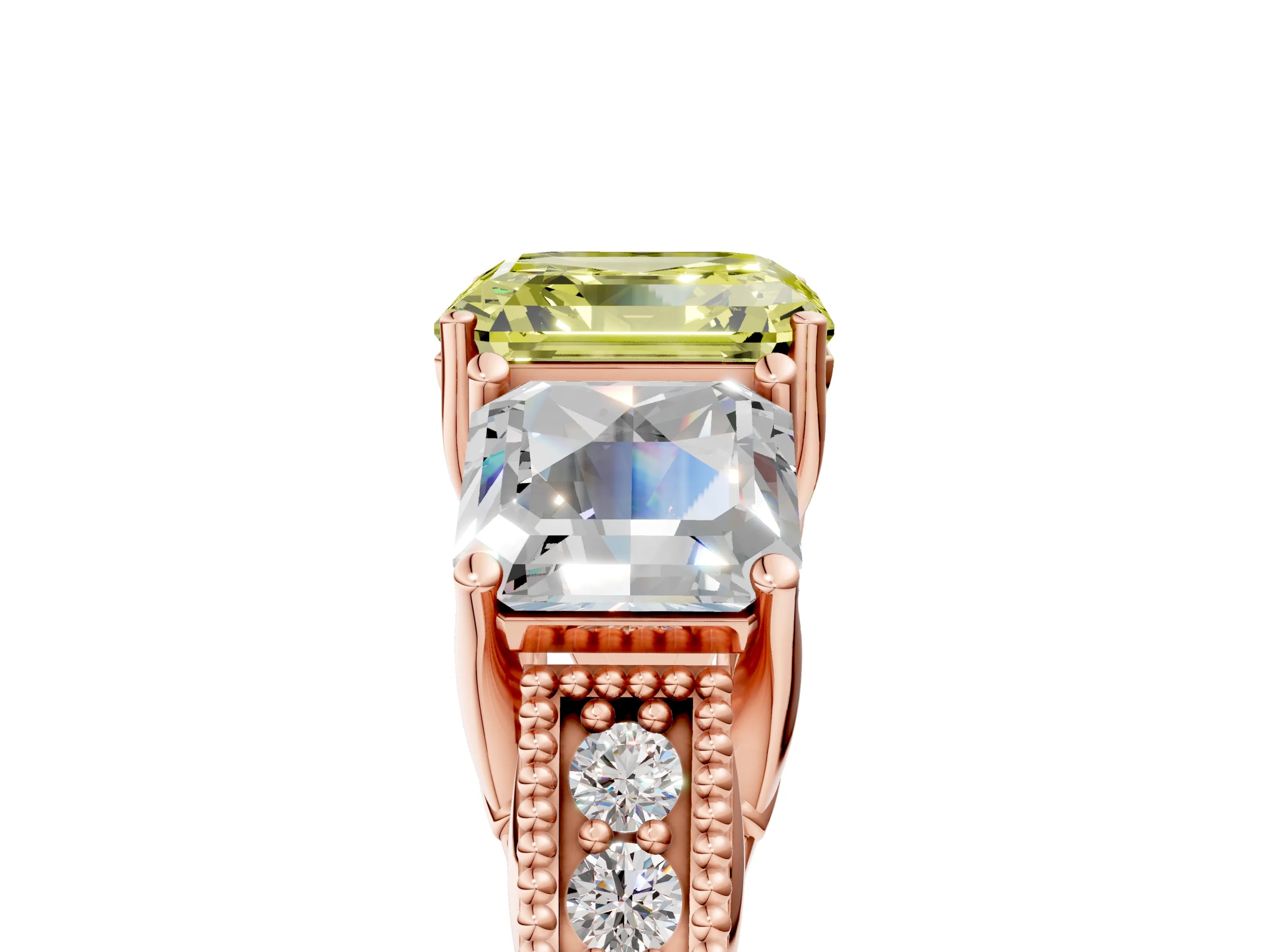 Rose gold Three-Stone Fancy Yellow Asscher Cut Cut Milgrain Pavé Engagement Ring_5