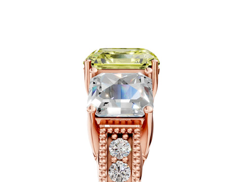 Rose gold Three-Stone Fancy Yellow Asscher Cut Cut Milgrain Pavé Engagement Ring_5