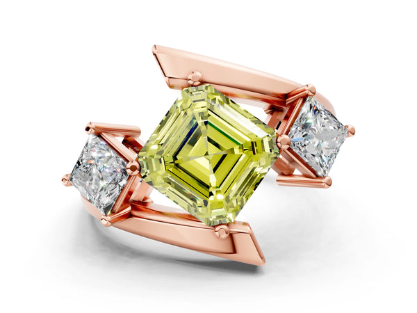 Rose gold Three-Stone Fancy Yellow Asscher Cut Cut Tension Band Ring with Four-Prong Setting