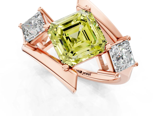 Rose gold Three-Stone Fancy Yellow Asscher Cut Cut Tension Band Ring with Four-Prong Setting