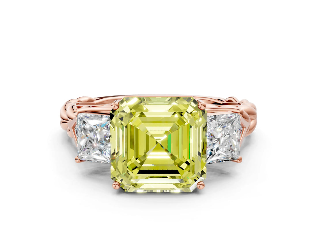 Rose gold Three-Stone Fancy Yellow Asscher Cut Diamond Braided Band Ring with Four-Prong Setting_50