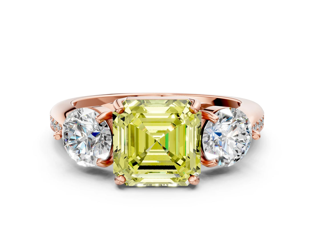 Rose gold Three-Stone Fancy Yellow Asscher Cut Diamond Channel Set Engagement Ring with Prong Setting