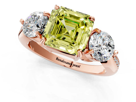Rose gold Three-Stone Fancy Yellow Asscher Cut Diamond Channel Set Engagement Ring with Prong Setting_1