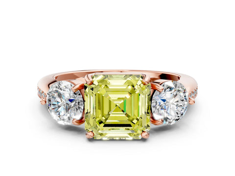 Rose gold Three-Stone Fancy Yellow Asscher Cut Diamond Channel Set Engagement Ring with Prong Setting