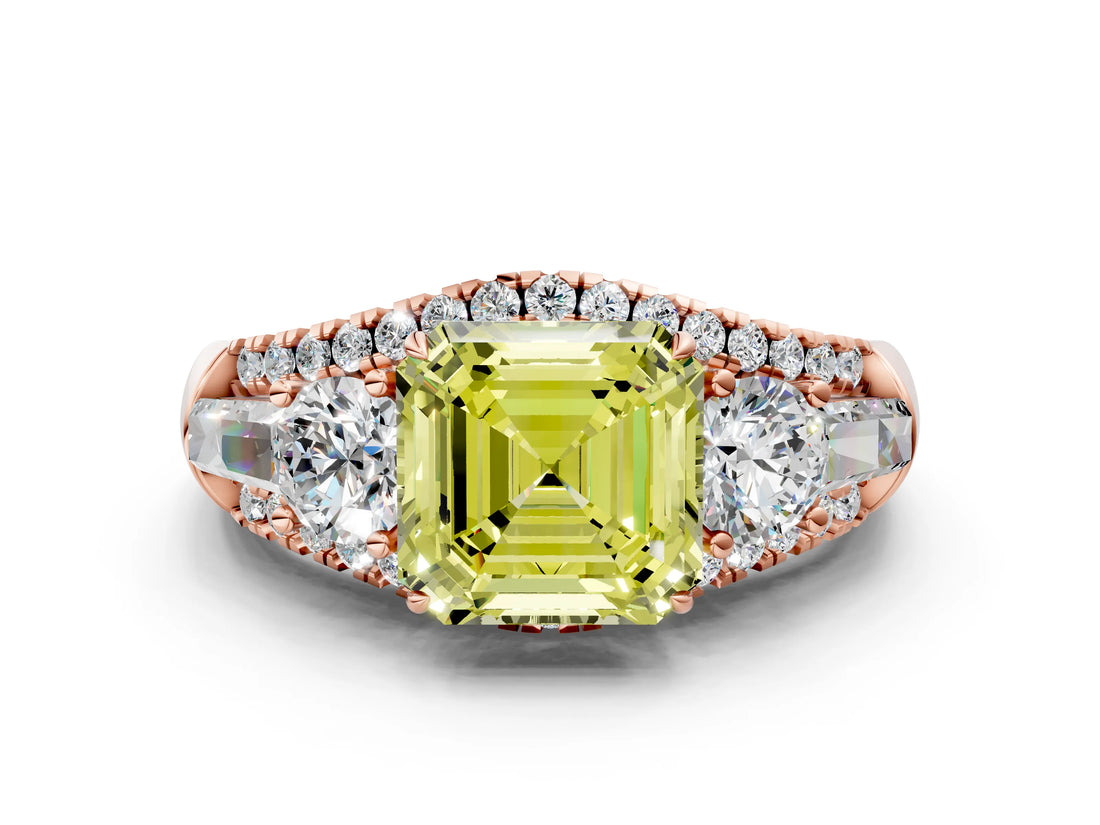 Rose gold Three-Stone Fancy Yellow Asscher Cut Diamond Engagement Ring with Pave Band and Prong Setting_12