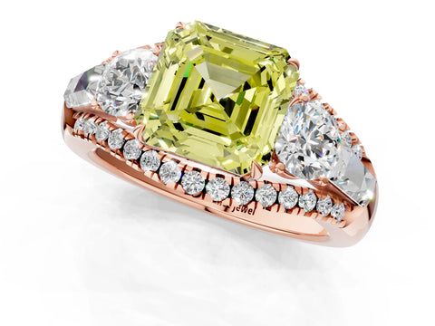 Rose gold Three-Stone Fancy Yellow Asscher Cut Diamond Engagement Ring with Pave Band and Prong Setting_1
