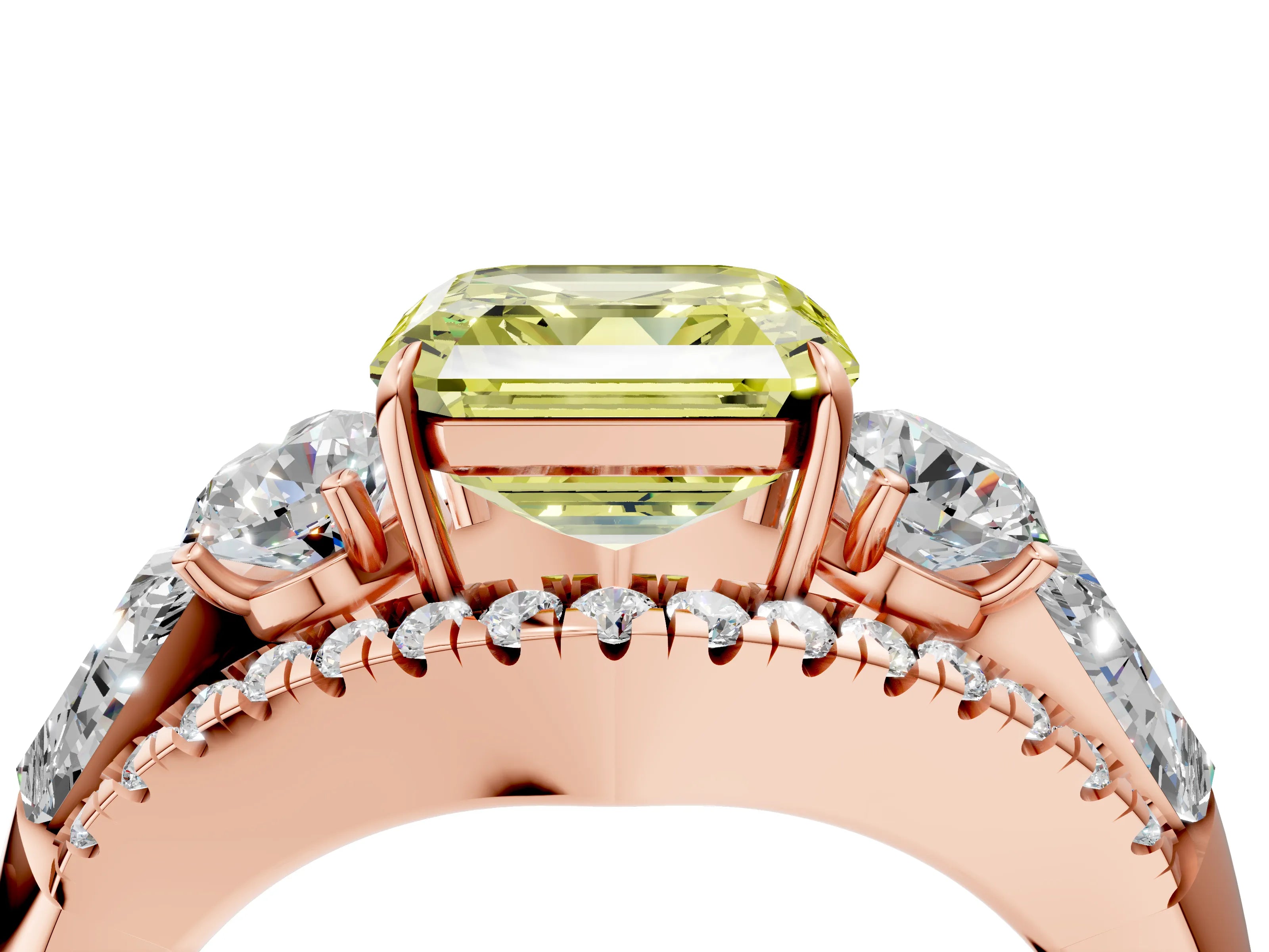 Rose gold Three-Stone Fancy Yellow Asscher Cut Diamond Engagement Ring with Pave Band and Prong Setting_4