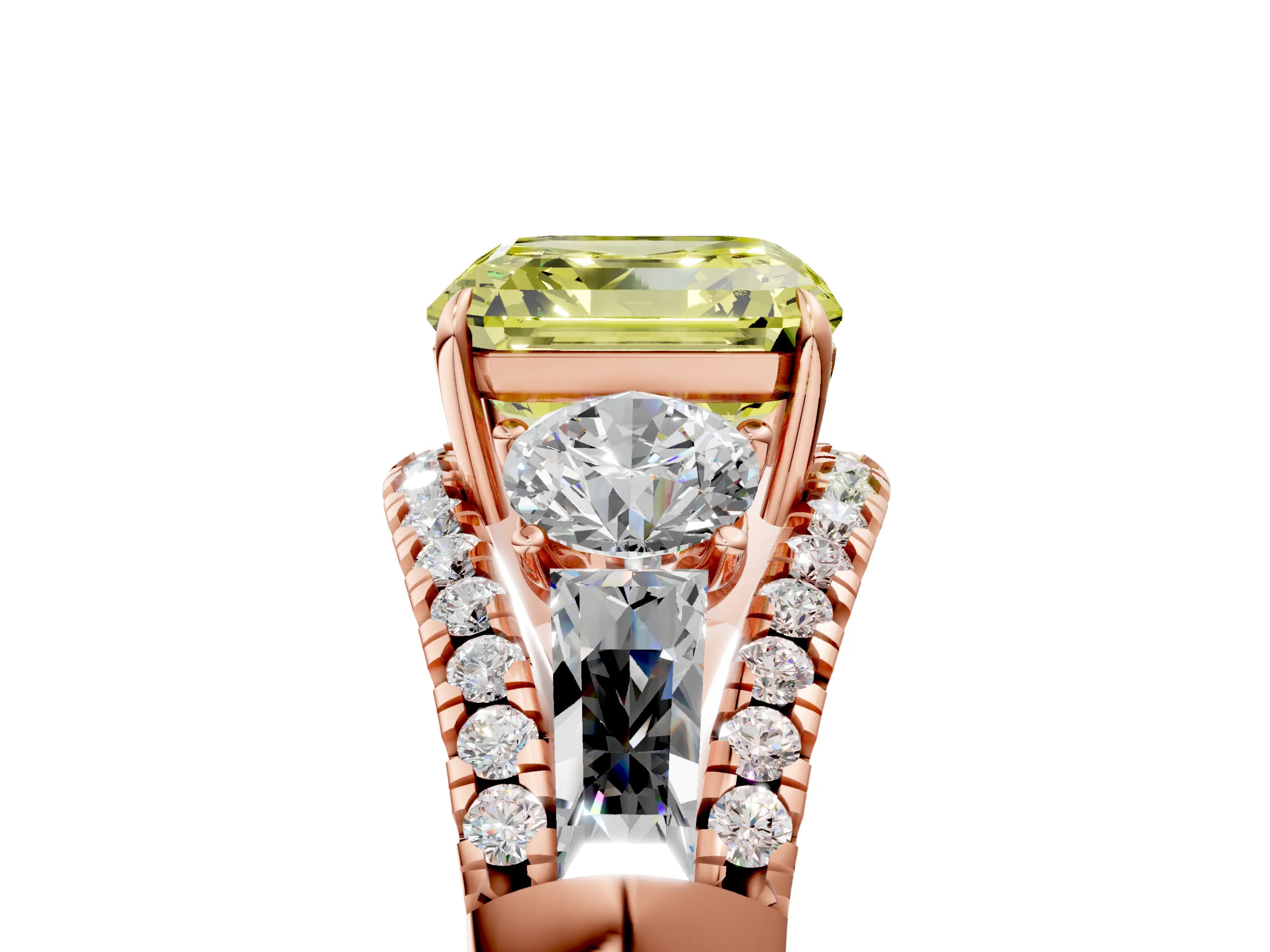 Rose gold Three-Stone Fancy Yellow Asscher Cut Diamond Engagement Ring with Pave Band and Prong Setting_5