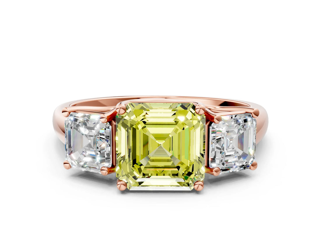 Rose gold Three-Stone Fancy Yellow Asscher Cut Diamond Engagement Ring with Prong Setting_3