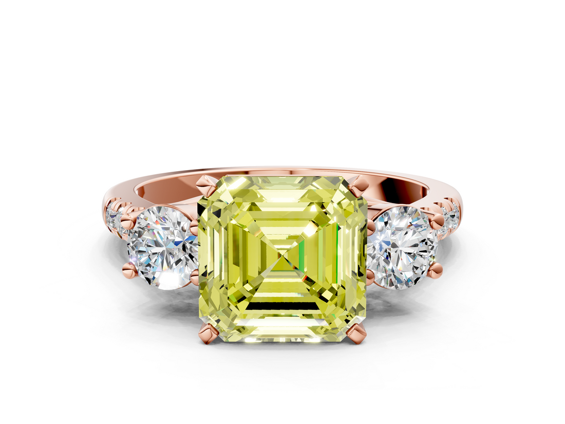 Rose gold Three-Stone Fancy Yellow Asscher  Cut Diamond Pavé Band with Four-Prong Setting