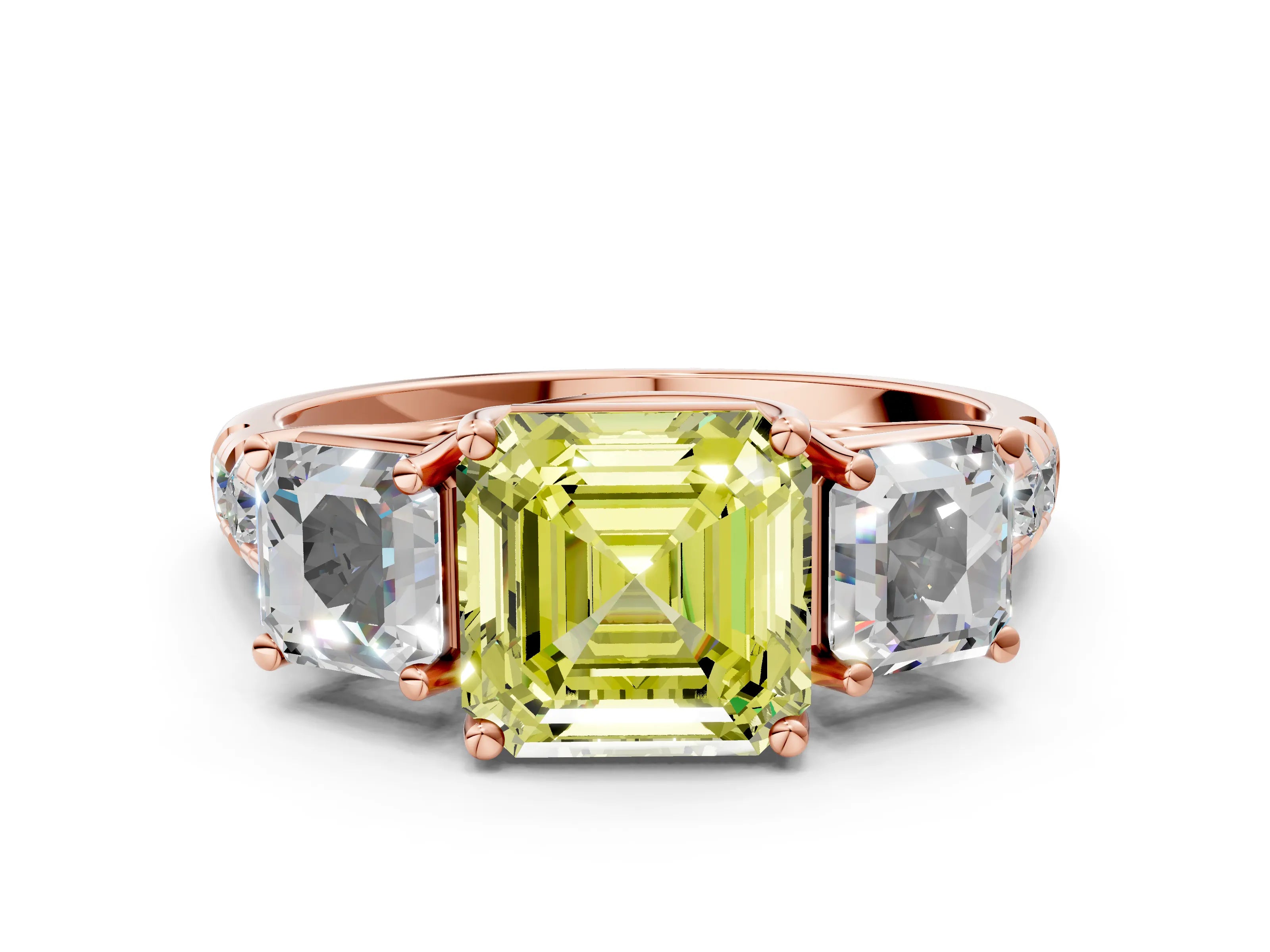 Rose gold Three-Stone Fancy Yellow Asscher Cut Diamond Pavé Band with Prong Setting