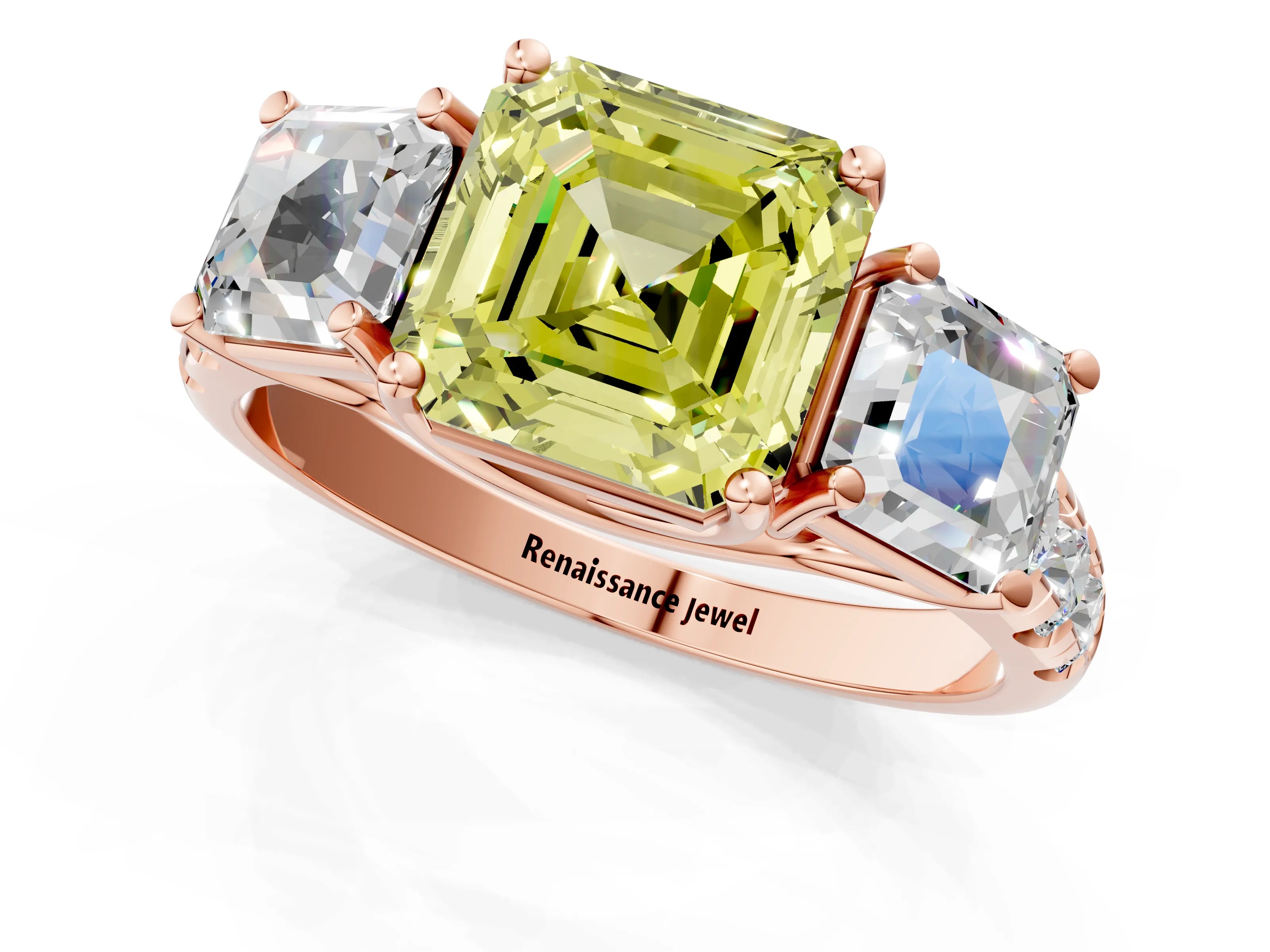 Rose gold Three-Stone Fancy Yellow Asscher Cut Diamond Pavé Band with Prong Setting_1