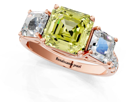 Rose gold Three-Stone Fancy Yellow Asscher Cut Diamond Pavé Band with Prong Setting_1