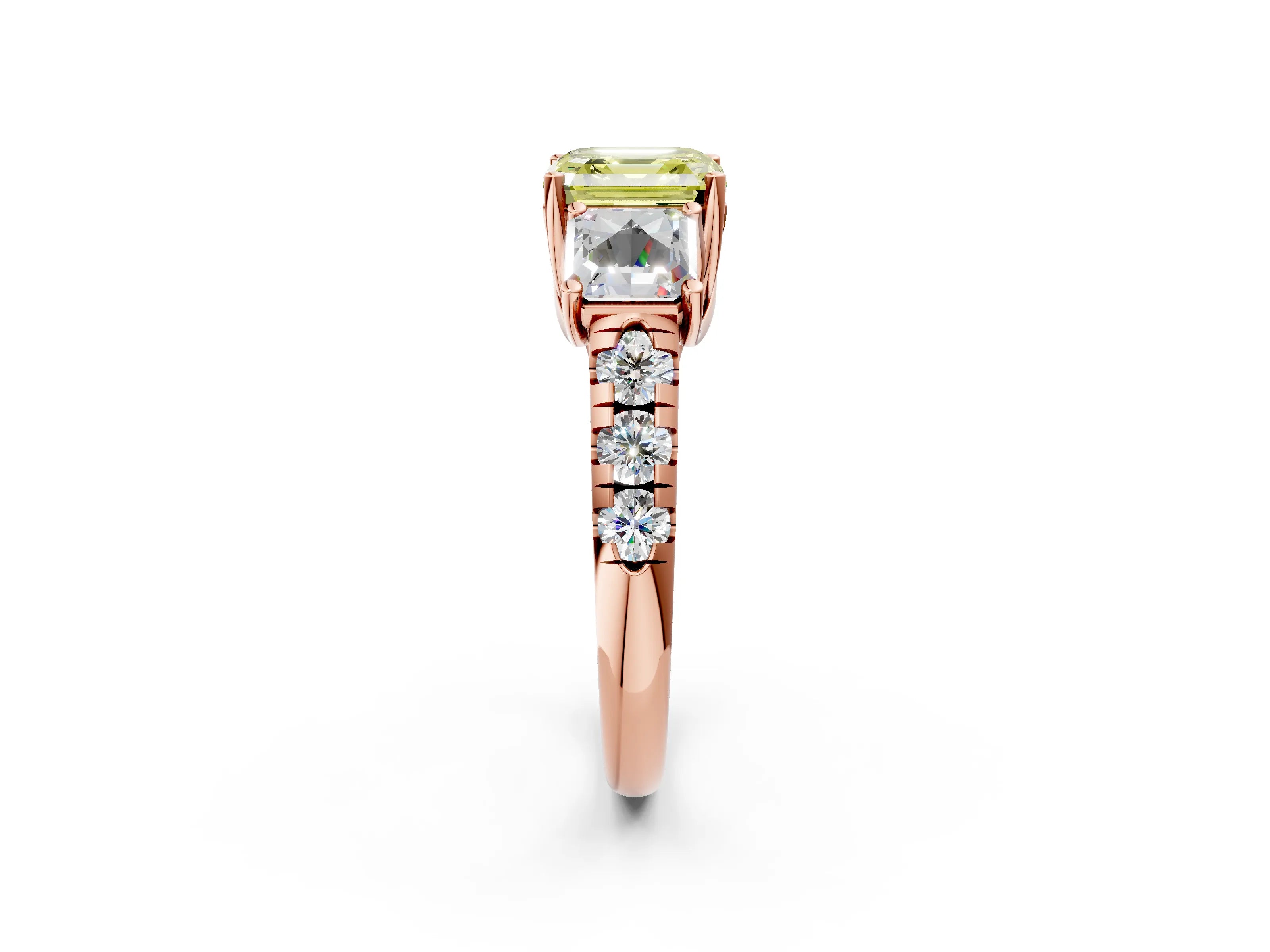 Rose gold Three-Stone Fancy Yellow Asscher Cut Diamond Pavé Band with Prong Setting_2