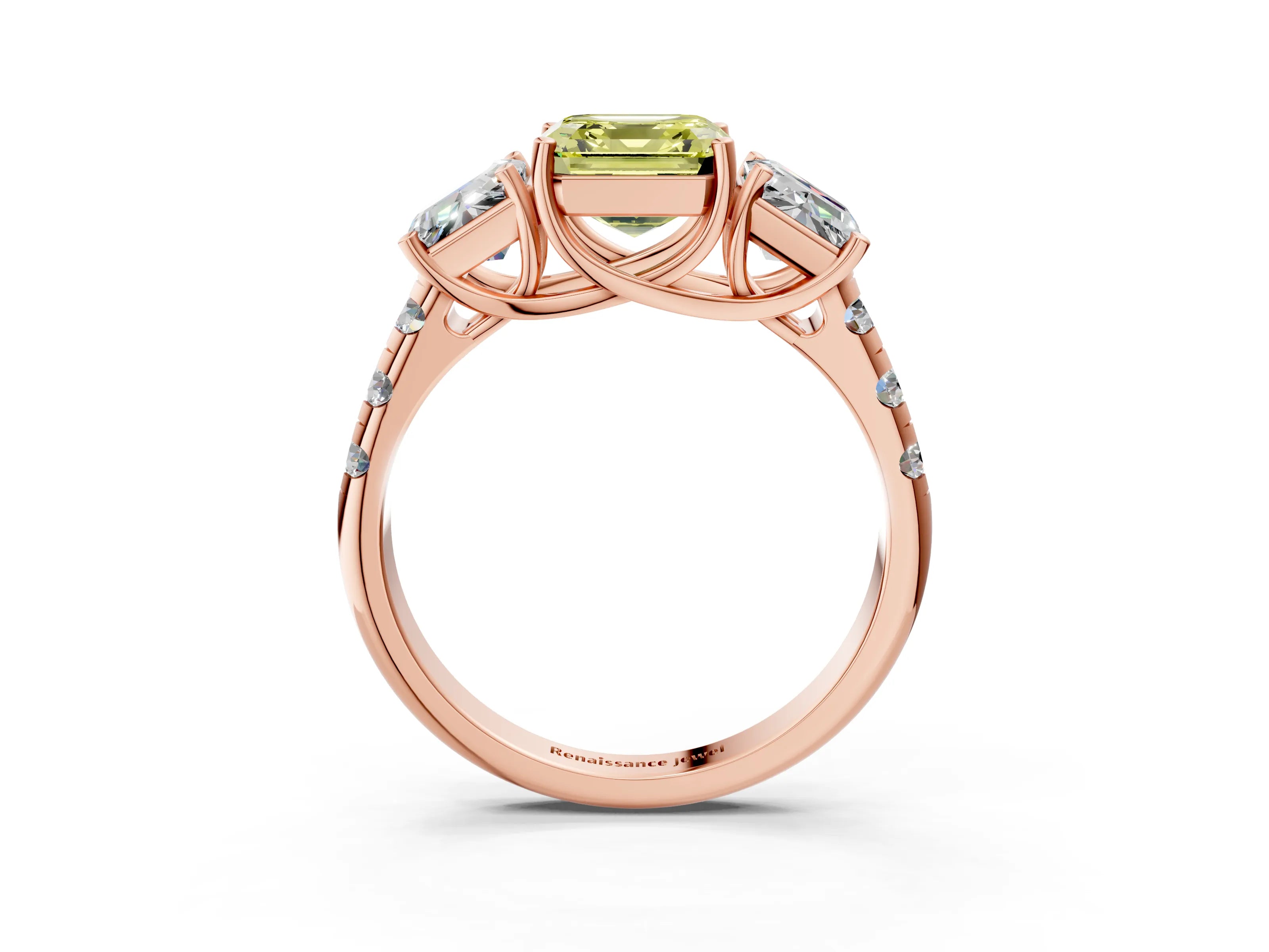 Rose gold Three-Stone Fancy Yellow Asscher Cut Diamond Pavé Band with Prong Setting_3