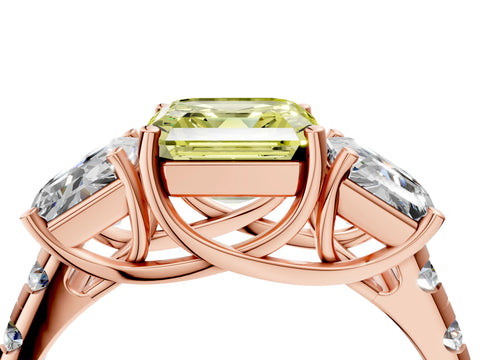 Rose gold Three-Stone Fancy Yellow Asscher Cut Diamond Pavé Band with Prong Setting_4